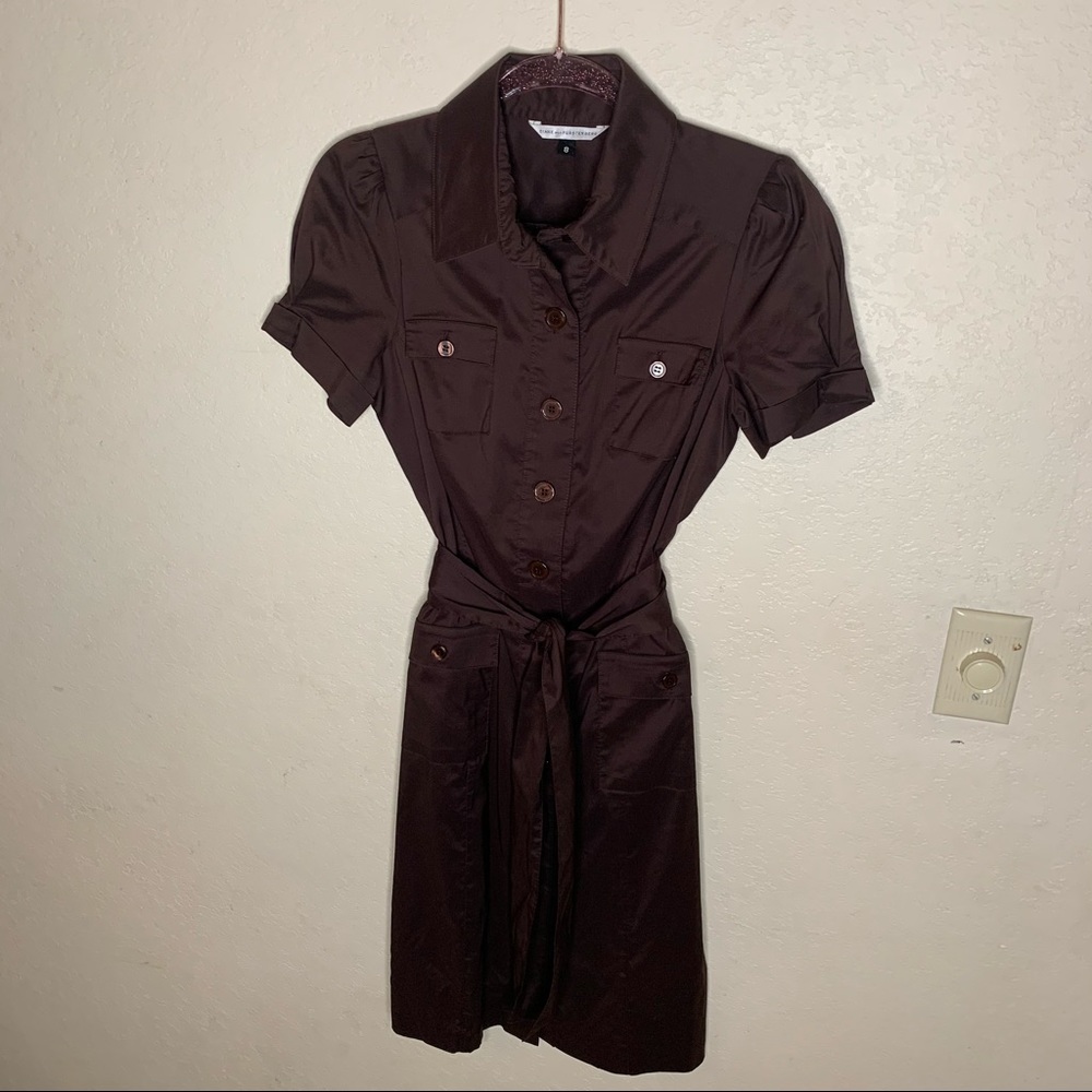 Diane Von Furstenburg Brown Collared Tie Waist Button Up Dress with Pockets